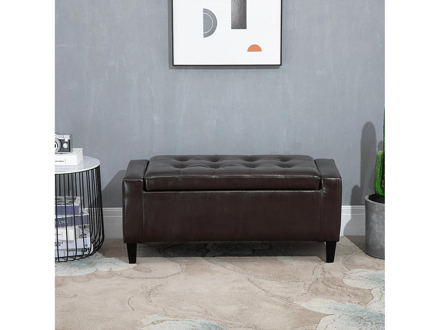 Rira Brown Faux Leather Storage Piano Bench Diamond Tufted Seat