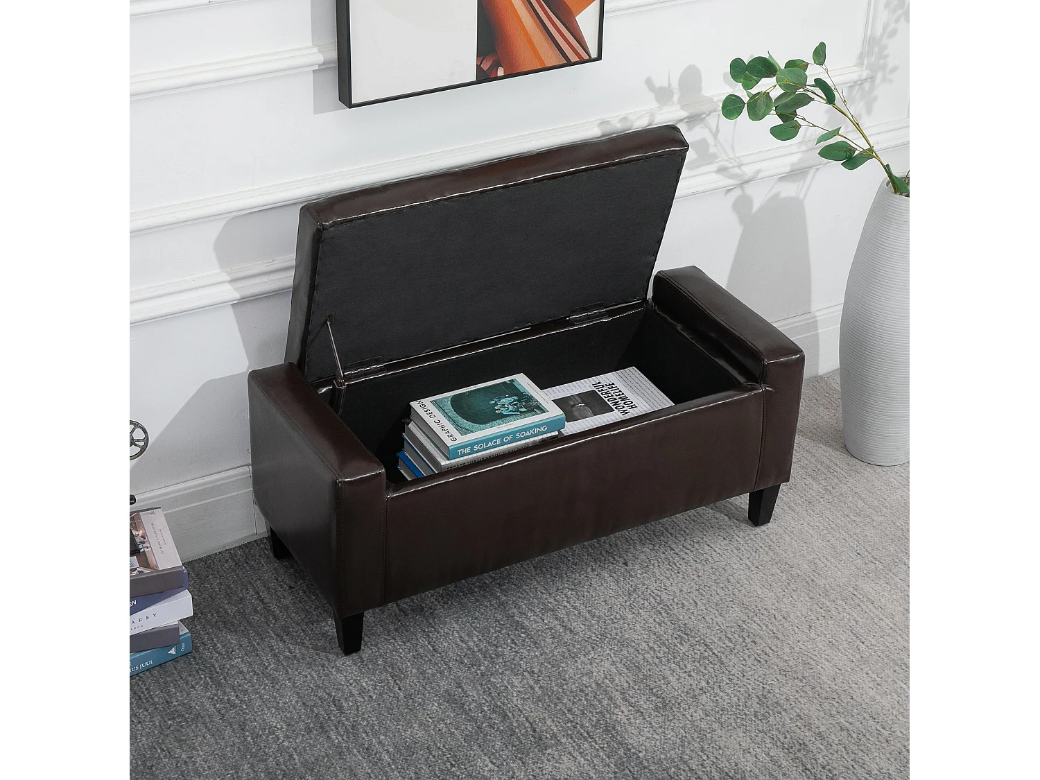 Rira Brown Faux Leather Storage Piano Bench Diamond Tufted Seat