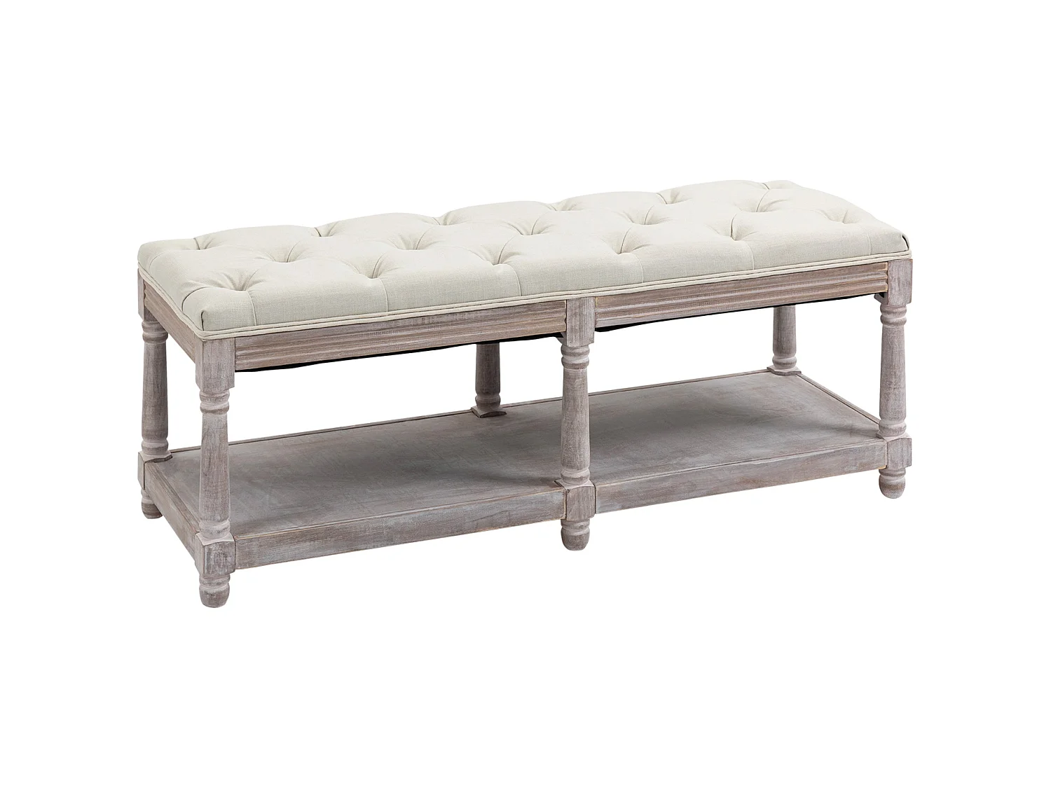 Lono Cream 2 Tier Vintage Style Storage Bench with Button Tufted Seat