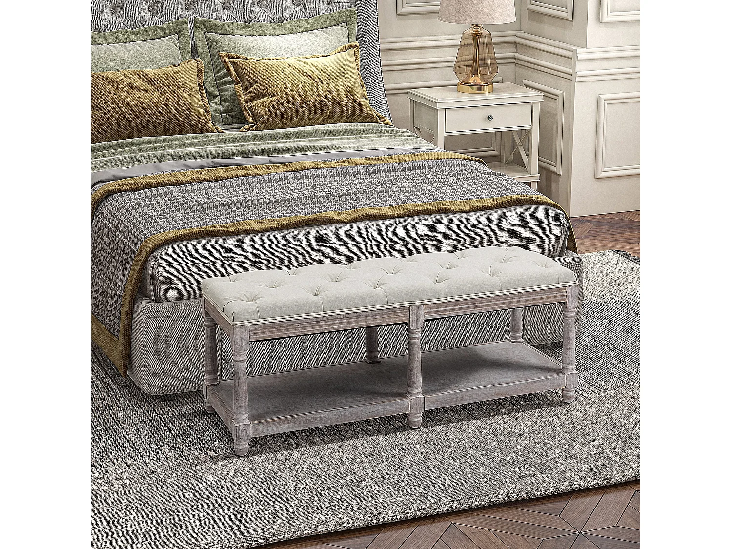 Lono Cream 2 Tier Vintage Style Storage Bench with Button Tufted Seat