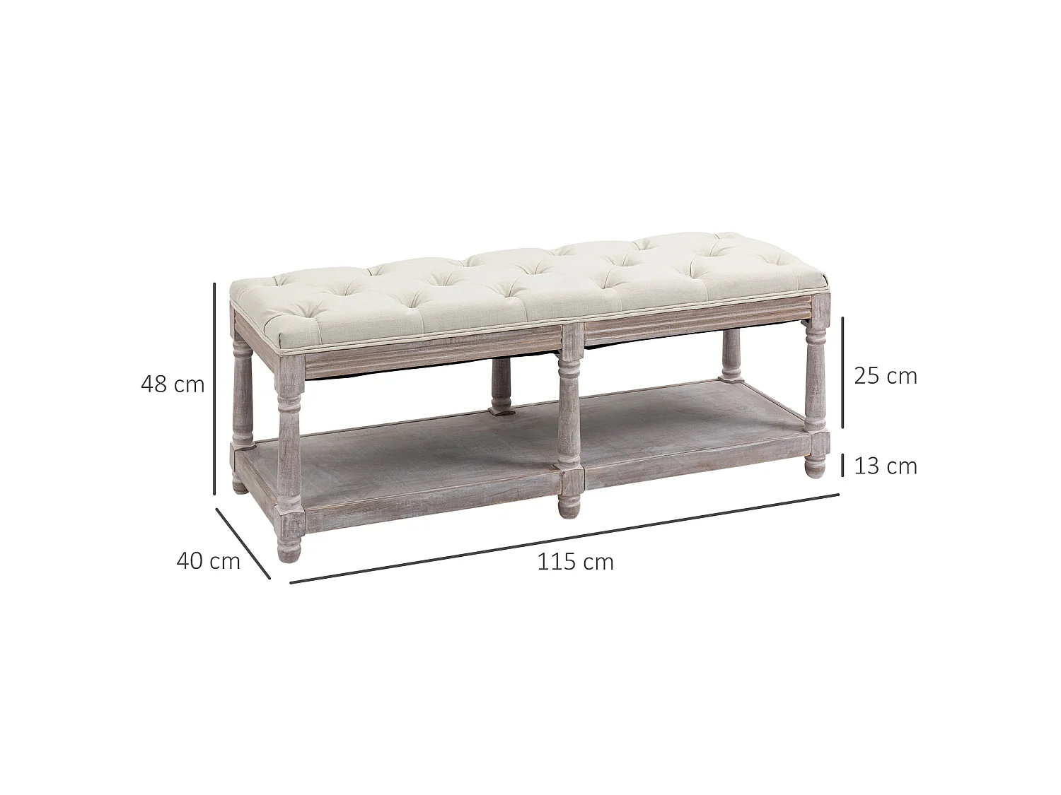 Lono Cream 2 Tier Vintage Style Storage Bench with Button Tufted Seat