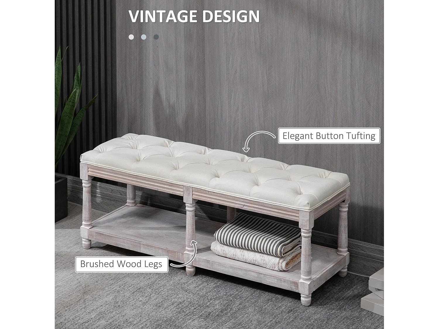 Lono Cream 2 Tier Vintage Style Storage Bench with Button Tufted Seat