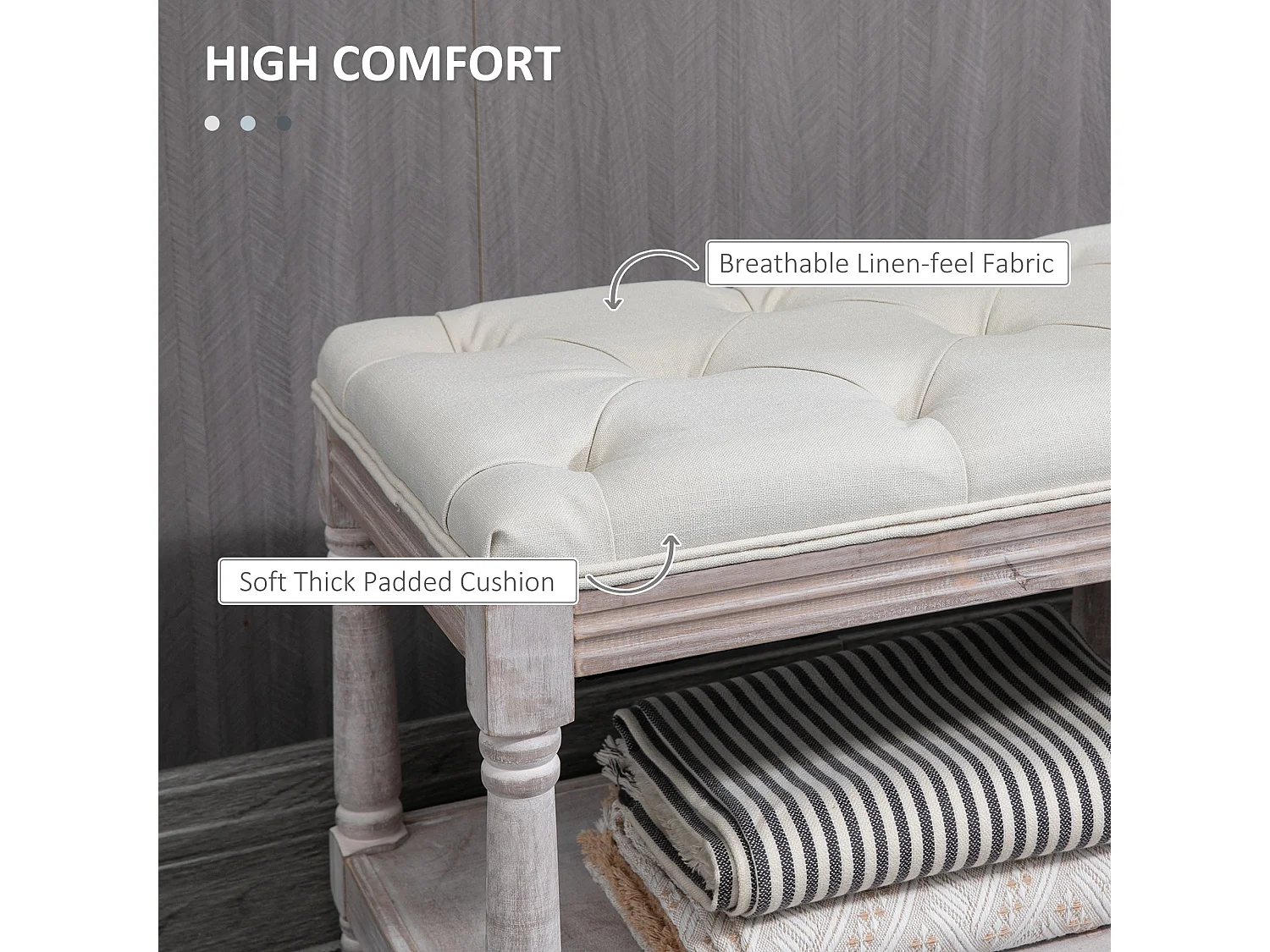 Lono Cream 2 Tier Vintage Style Storage Bench with Button Tufted Seat