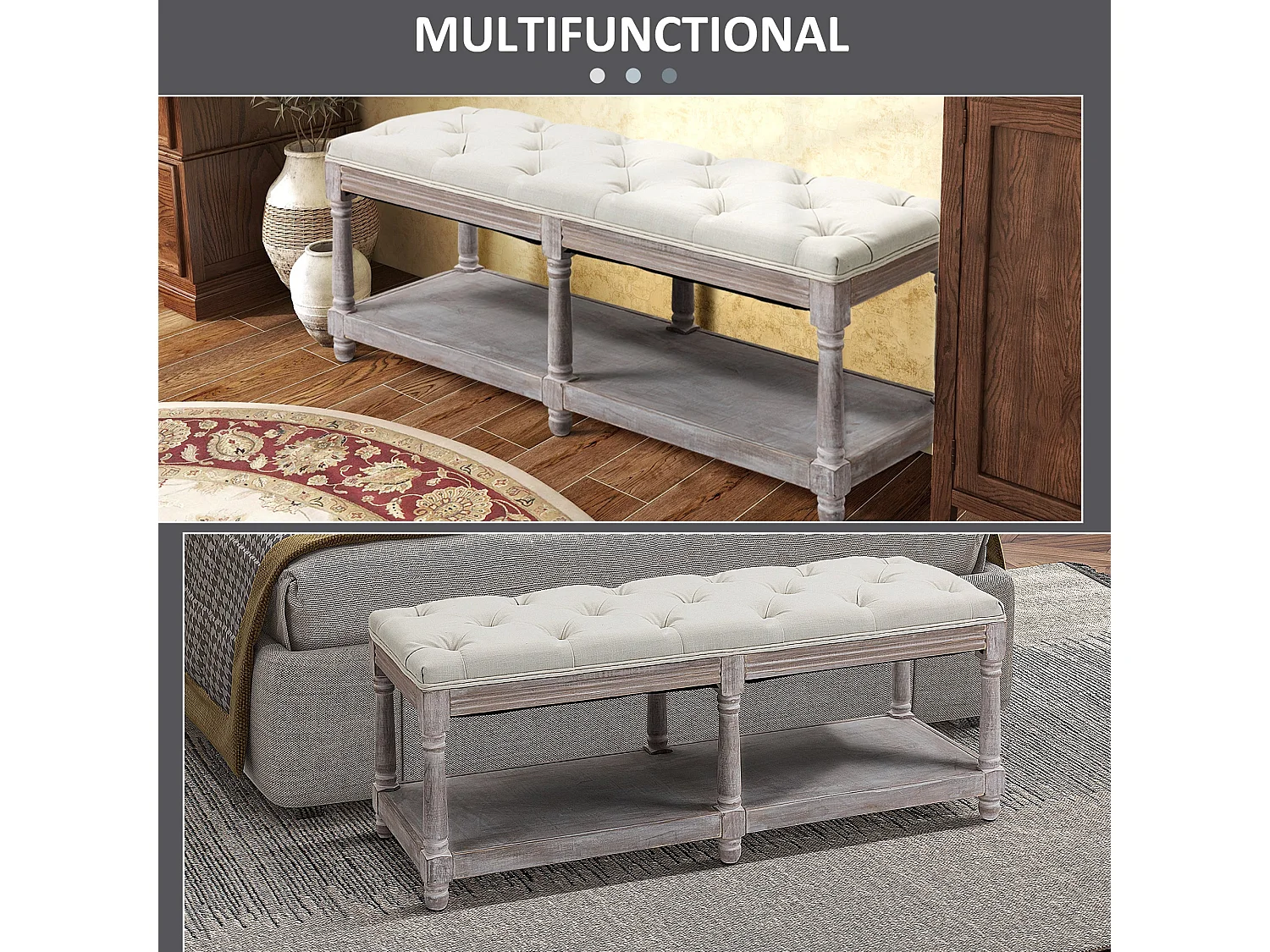 Lono Cream 2 Tier Vintage Style Storage Bench with Button Tufted Seat