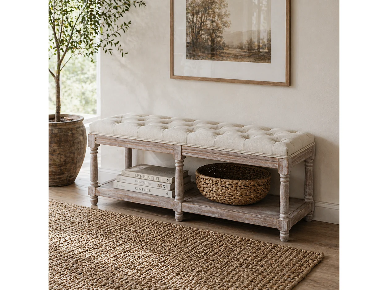 Lono Cream 2 Tier Vintage Style Storage Bench with Button Tufted Seat