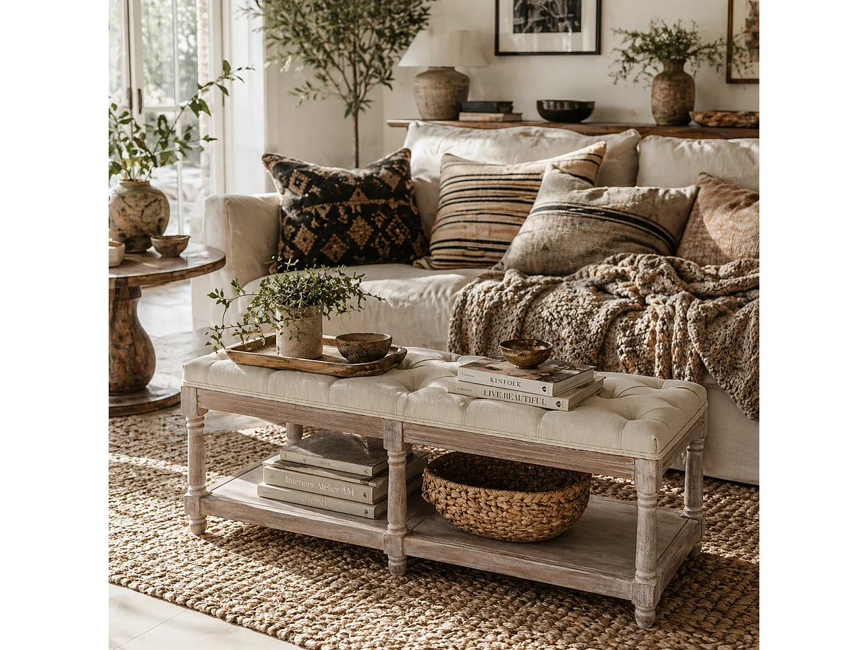 Lono Cream 2 Tier Vintage Style Storage Bench with Button Tufted Seat