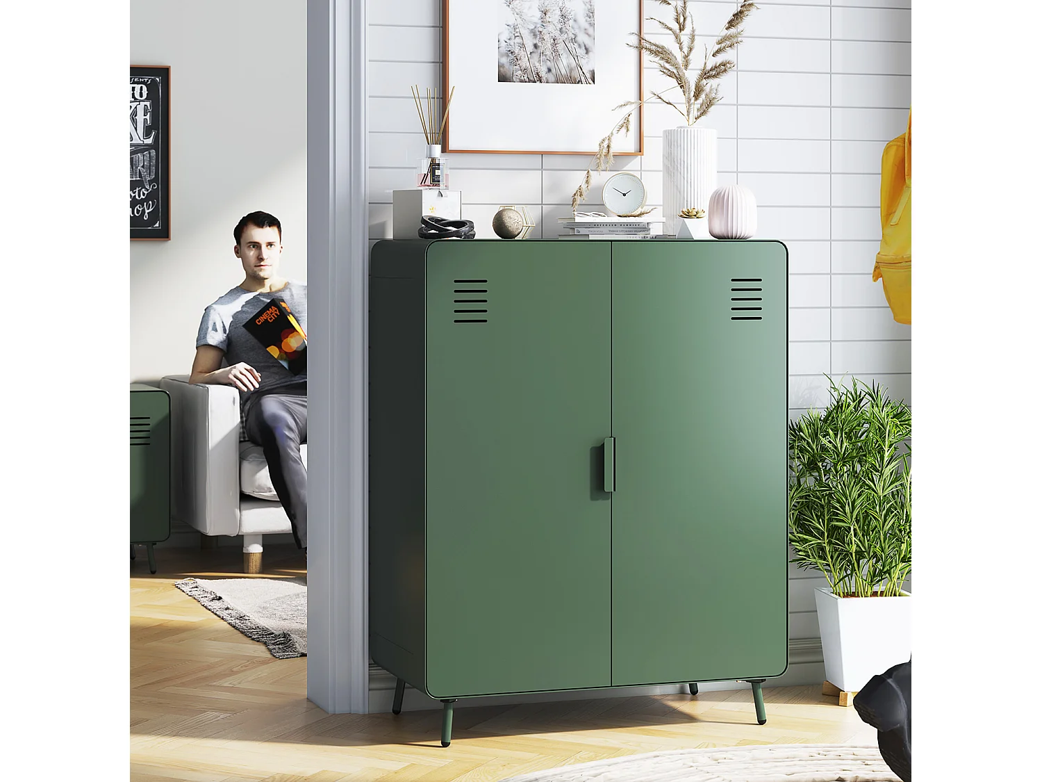 WALNUT - Armoire à chaussures métallique 2 portes avec 3 niveaux de rangement industriel en vert