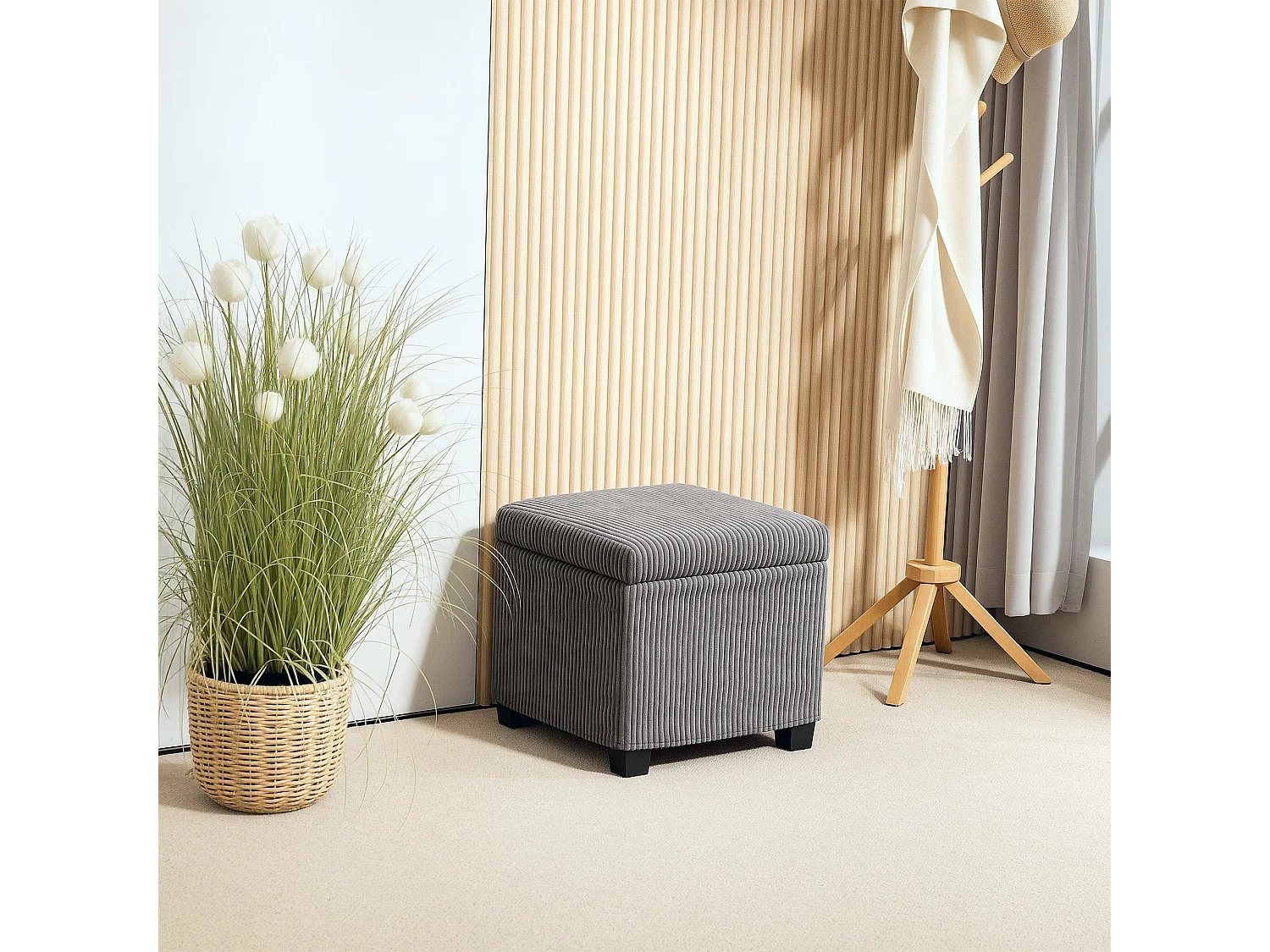 Creccette Grey Corduroy Square Storage Ottoman Bench with Removable Lid