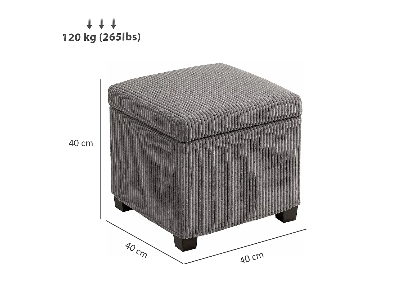 Creccette Grey Corduroy Square Storage Ottoman Bench with Removable Lid