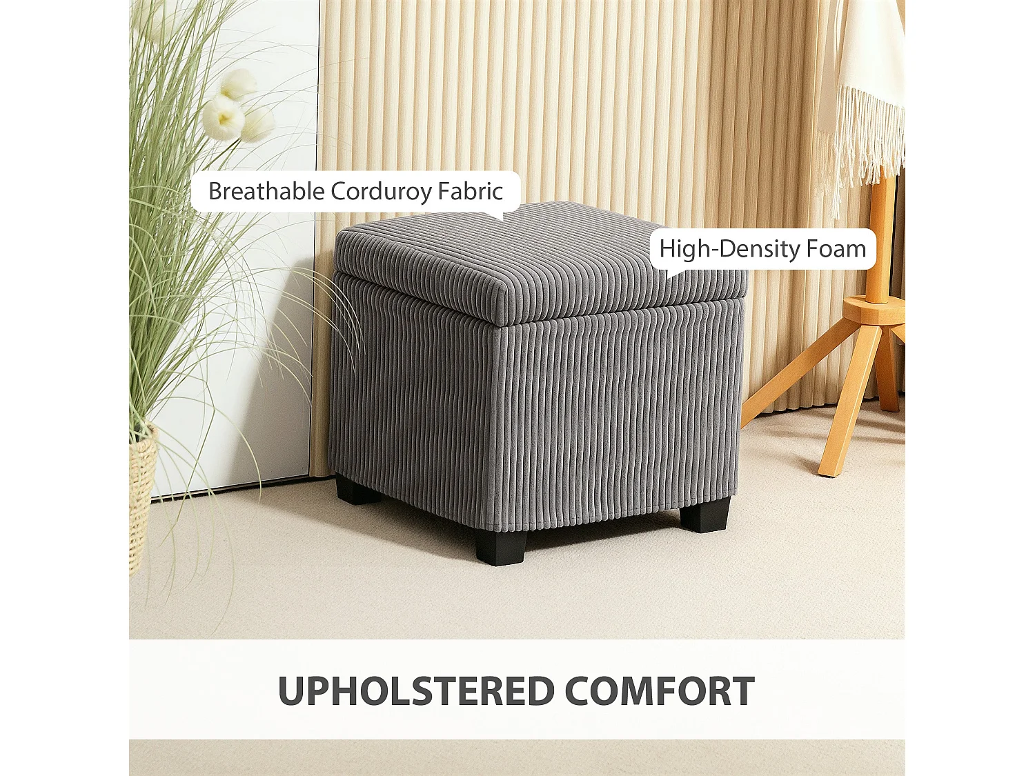 Creccette Grey Corduroy Square Storage Ottoman Bench with Removable Lid