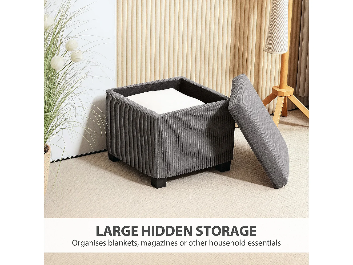 Creccette Grey Corduroy Square Storage Ottoman Bench with Removable Lid