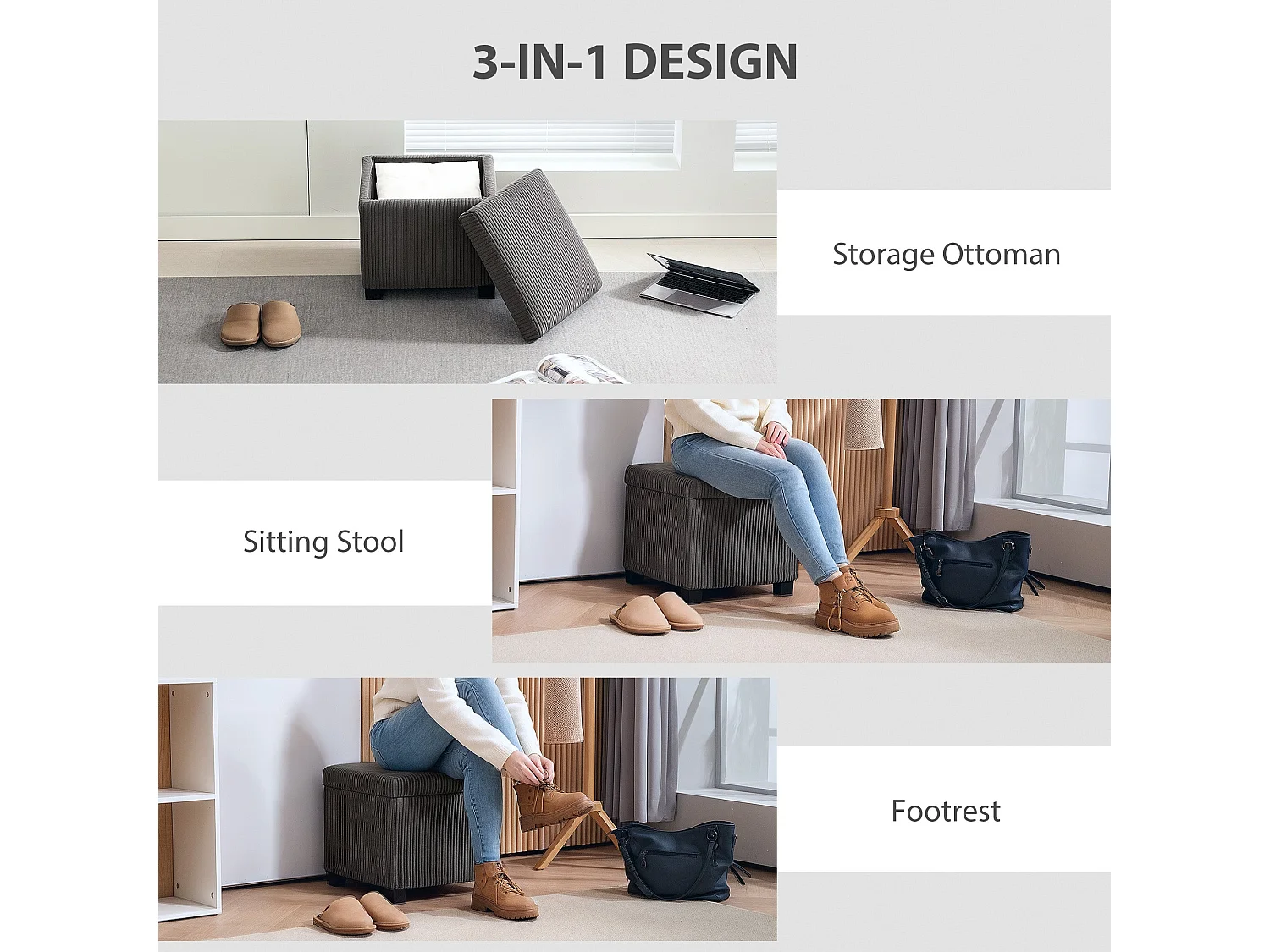 Creccette Grey Corduroy Square Storage Ottoman Bench with Removable Lid