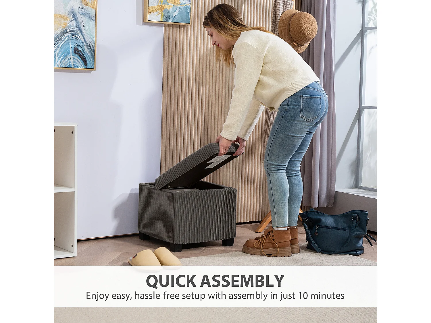 Creccette Grey Corduroy Square Storage Ottoman Bench with Removable Lid