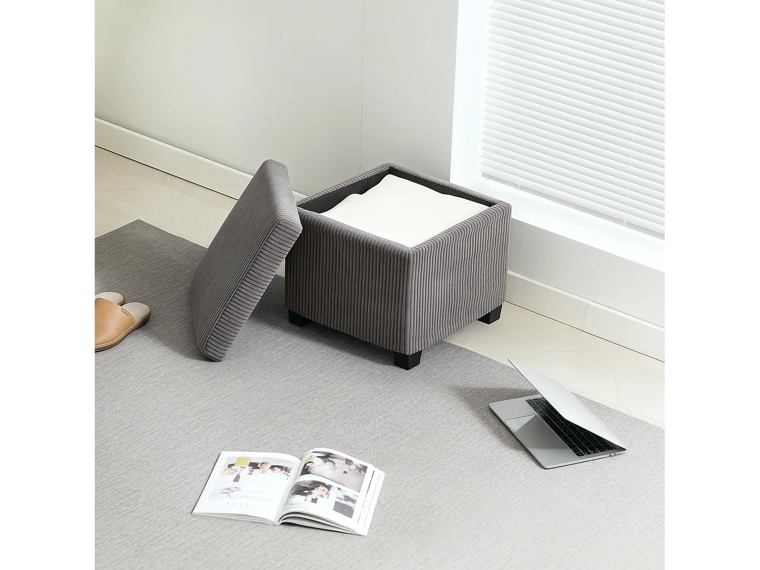 Creccette Grey Corduroy Square Storage Ottoman Bench with Removable Lid