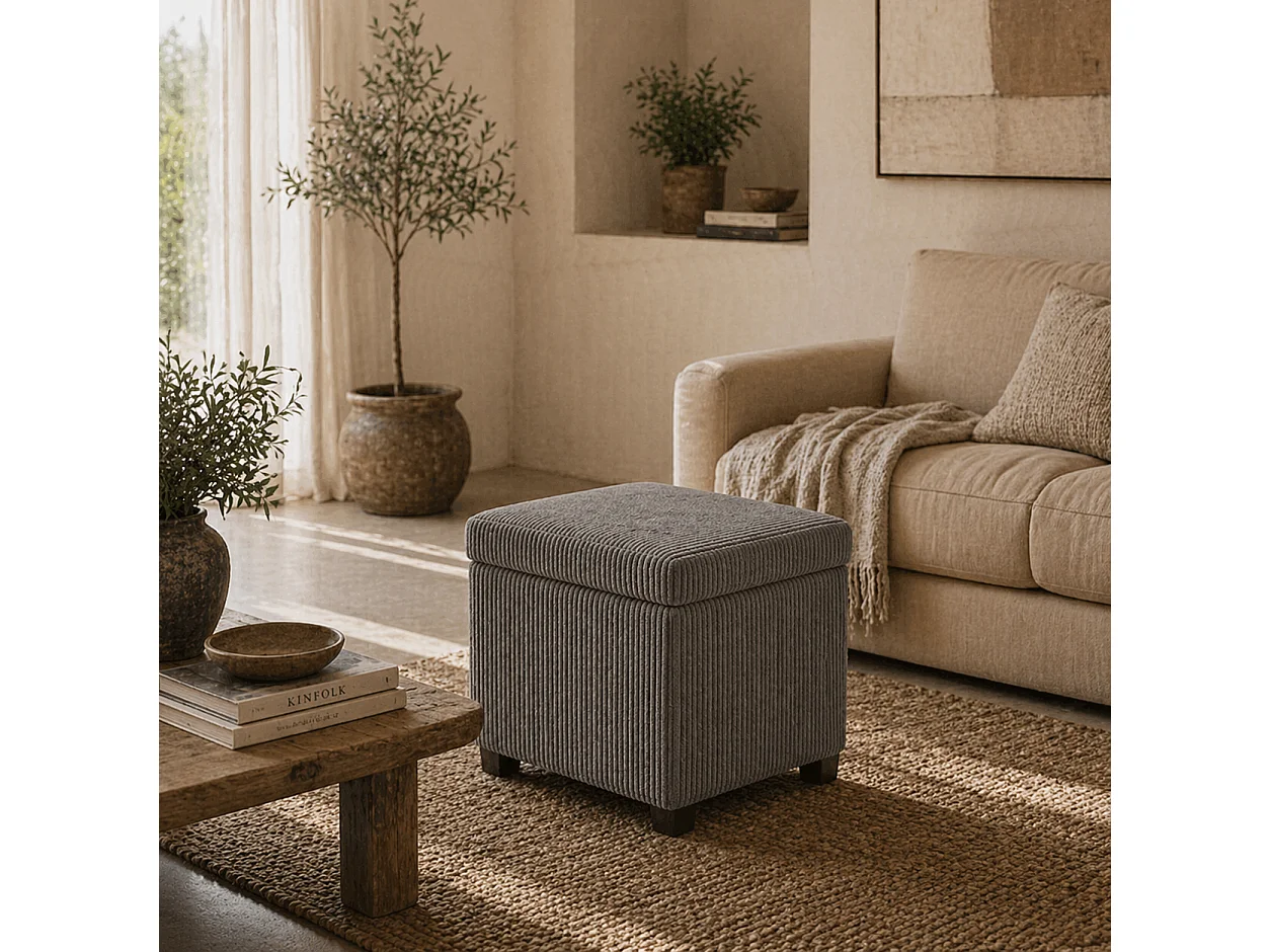 Creccette Grey Corduroy Square Storage Ottoman Bench with Removable Lid