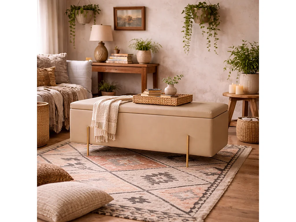 Elowen Rectangle Storage Ottoman Bench Cream Velvet Brushed Gold Legs