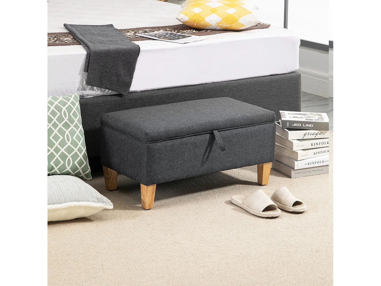 Cose Linen Effect Dark Grey Storage Ottoman with Padded Seat and Natural Wooden Legs