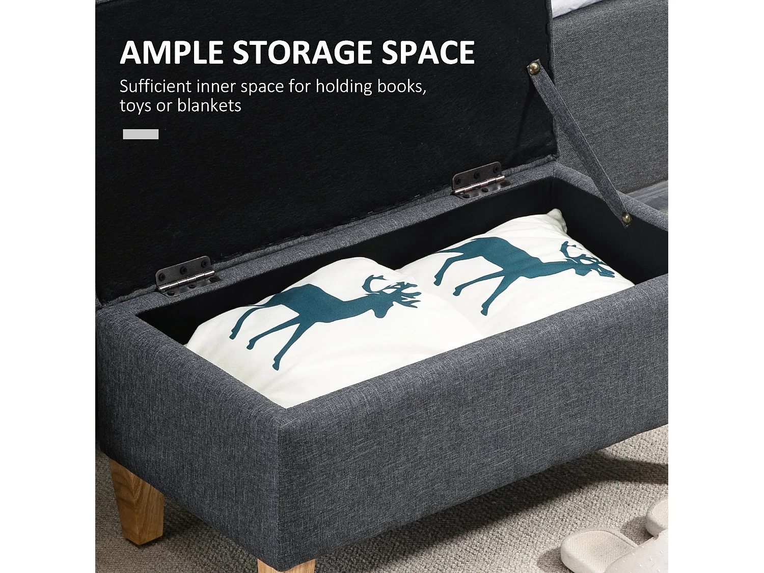 Cose Linen Effect Dark Grey Storage Ottoman with Padded Seat and Natural Wooden Legs