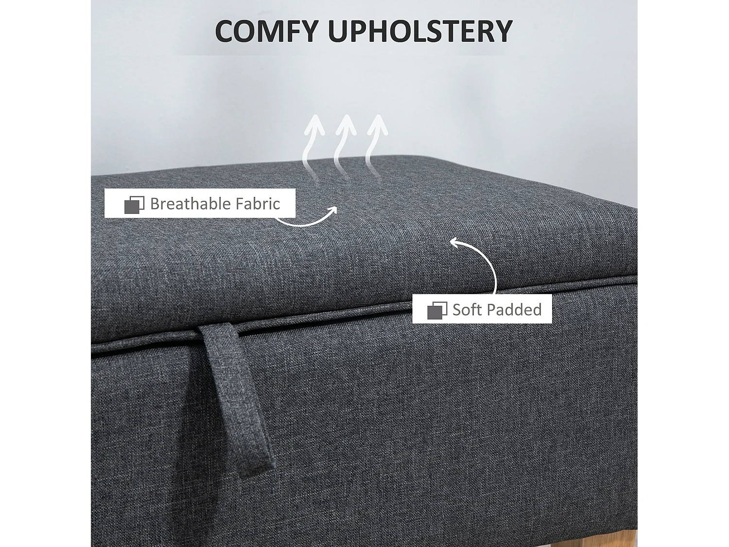 Cose Linen Effect Dark Grey Storage Ottoman with Padded Seat and Natural Wooden Legs