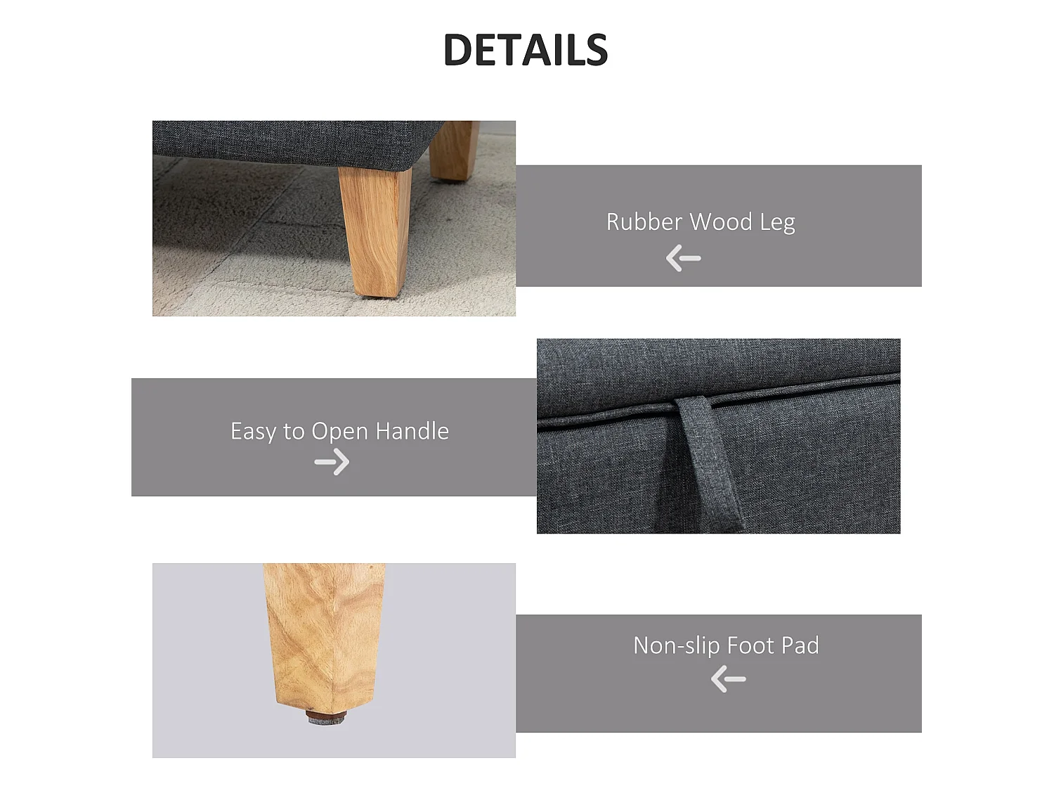 Cose Linen Effect Dark Grey Storage Ottoman with Padded Seat and Natural Wooden Legs
