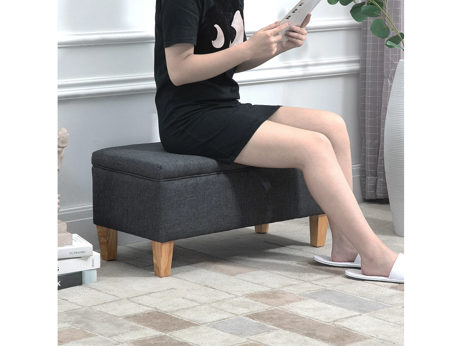 Cose Linen Effect Dark Grey Storage Ottoman with Padded Seat and Natural Wooden Legs
