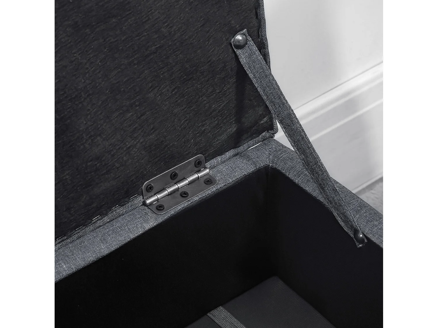 Cose Linen Effect Dark Grey Storage Ottoman with Padded Seat and Natural Wooden Legs