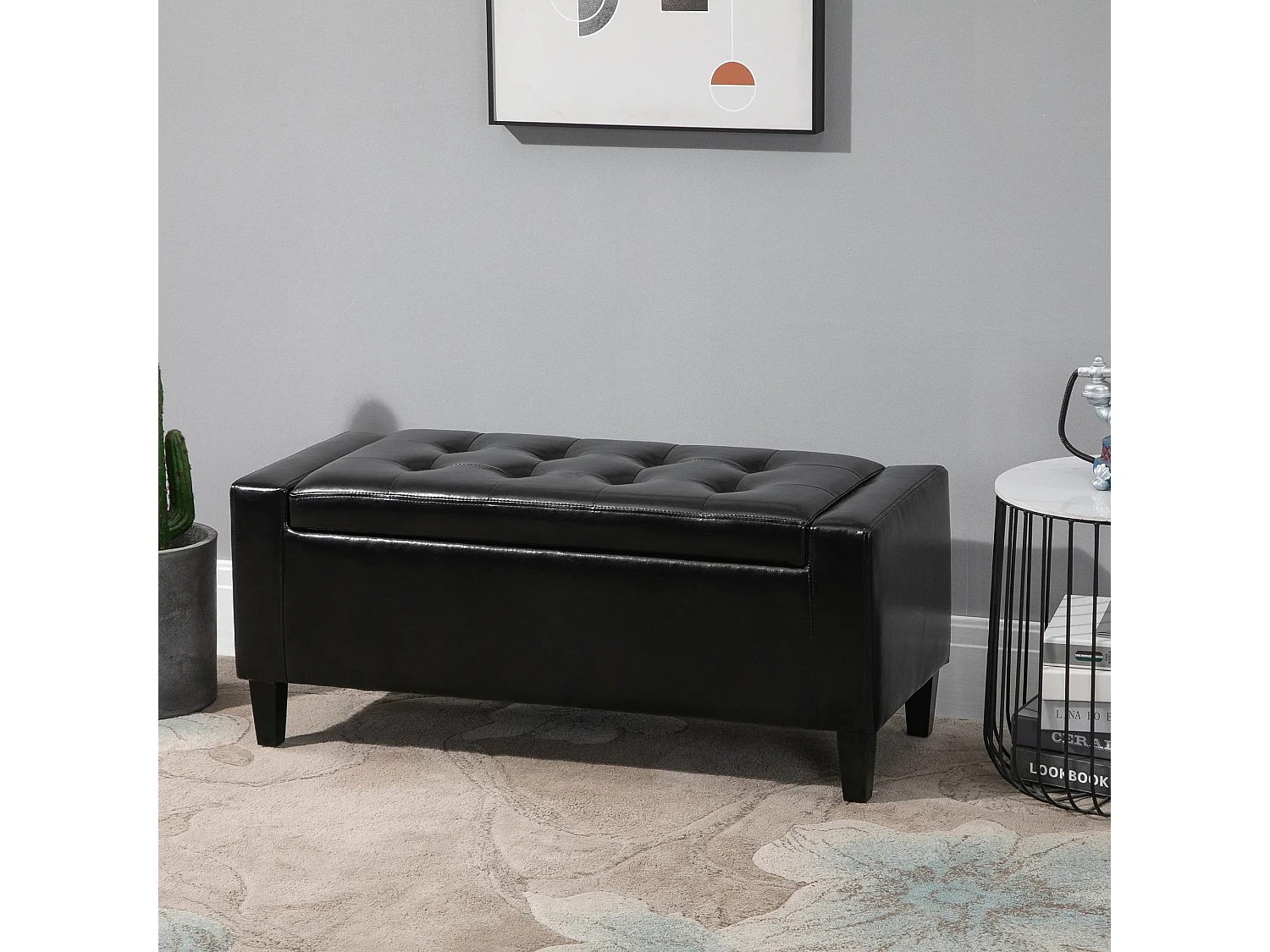 Sabata Black Faux Leather Storage Ottoman Bench with Lift Up Diamond Tufted Lid