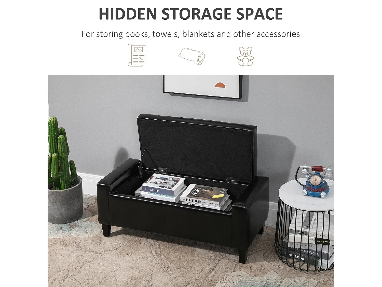 Sabata Black Faux Leather Storage Ottoman Bench with Lift Up Diamond Tufted Lid