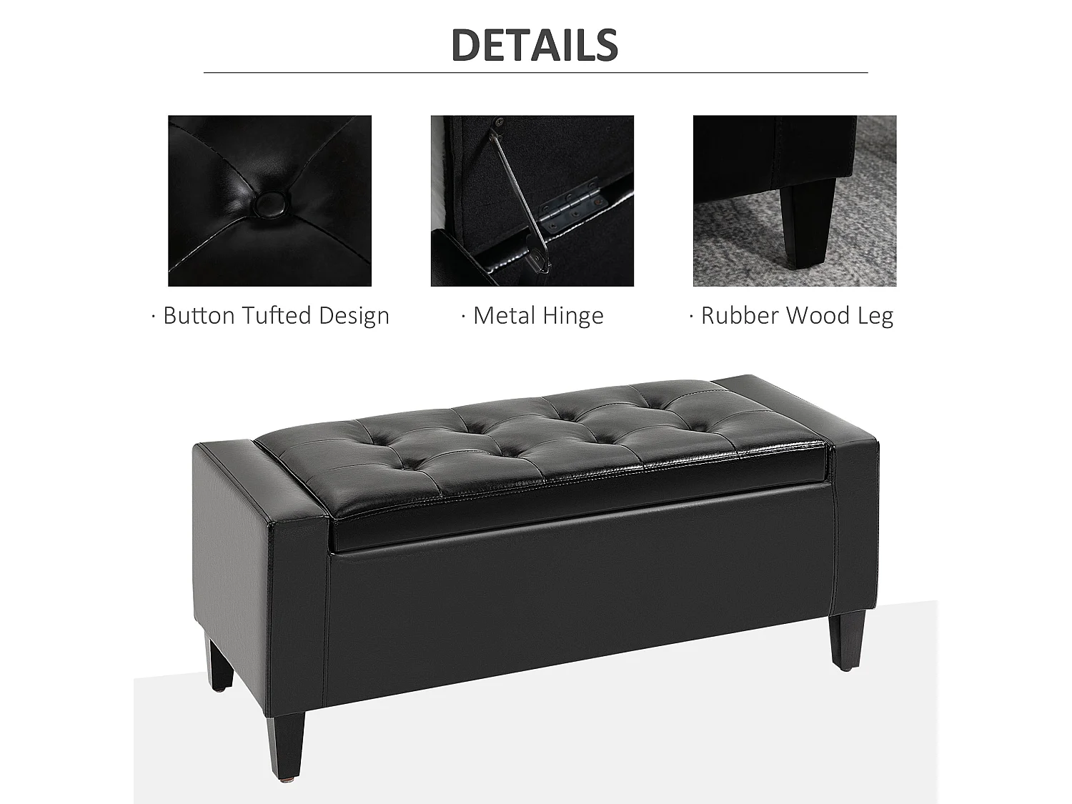 Sabata Black Faux Leather Storage Ottoman Bench with Lift Up Diamond Tufted Lid