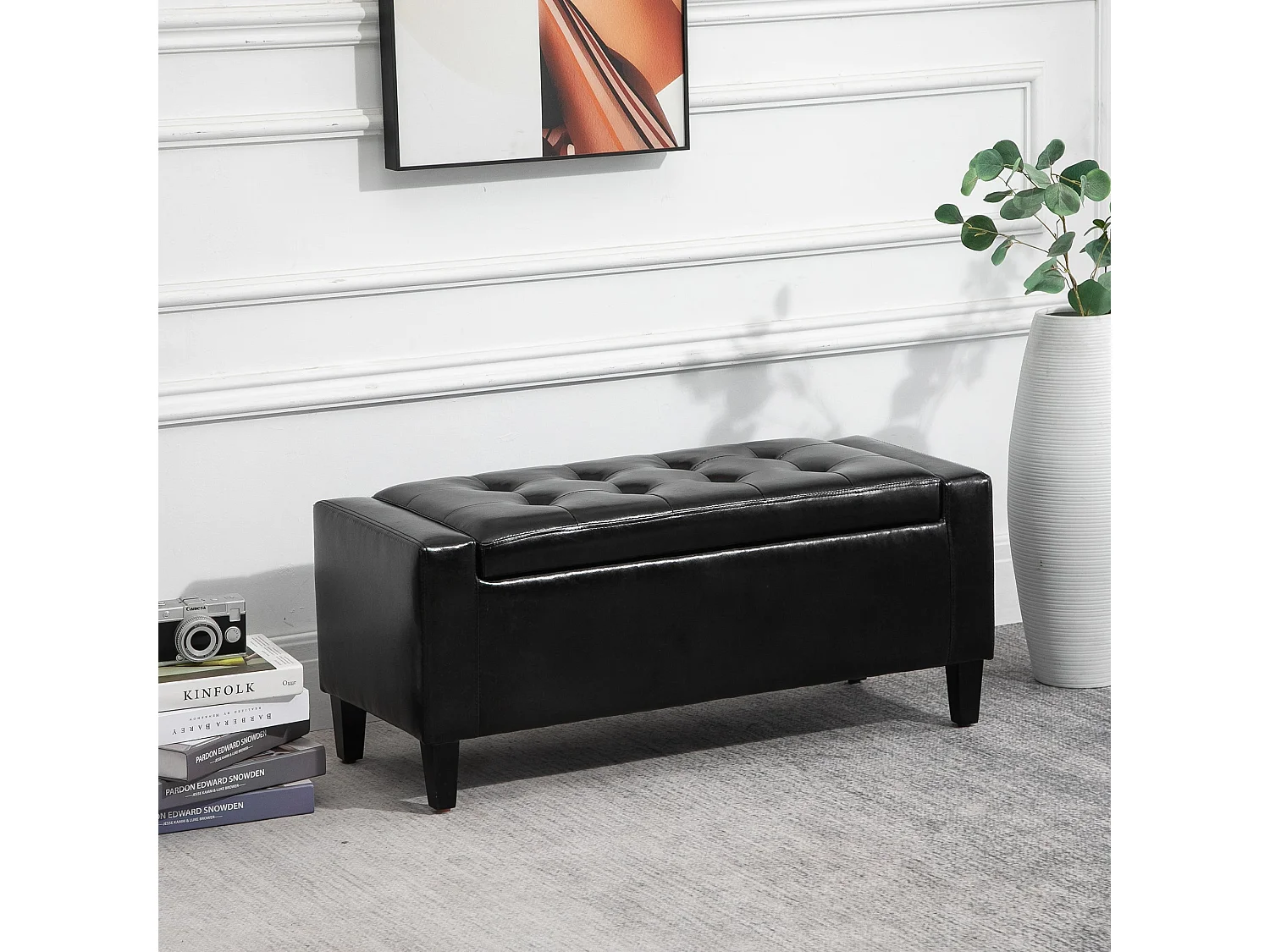 Sabata Black Faux Leather Storage Ottoman Bench with Lift Up Diamond Tufted Lid