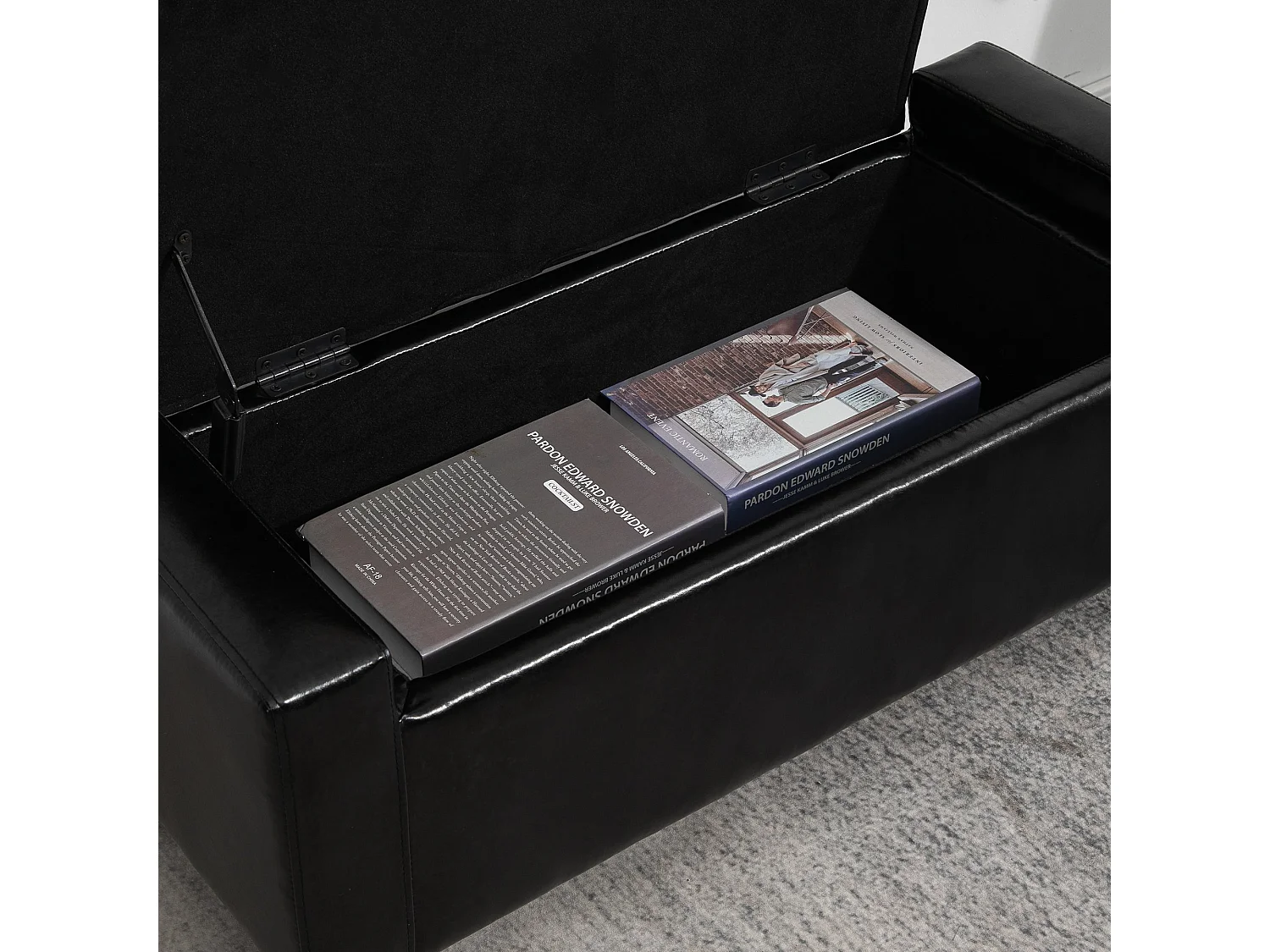 Sabata Black Faux Leather Storage Ottoman Bench with Lift Up Diamond Tufted Lid