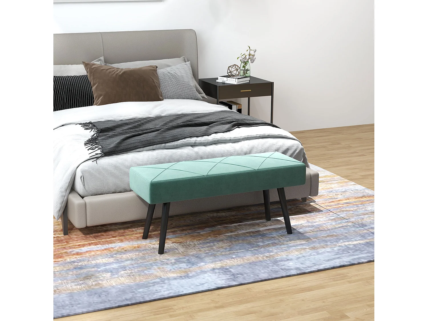 Mazuka Green Velvet Feel End of Bed Bench Rectangular X Stitch Black Powder Coated Metal Legs