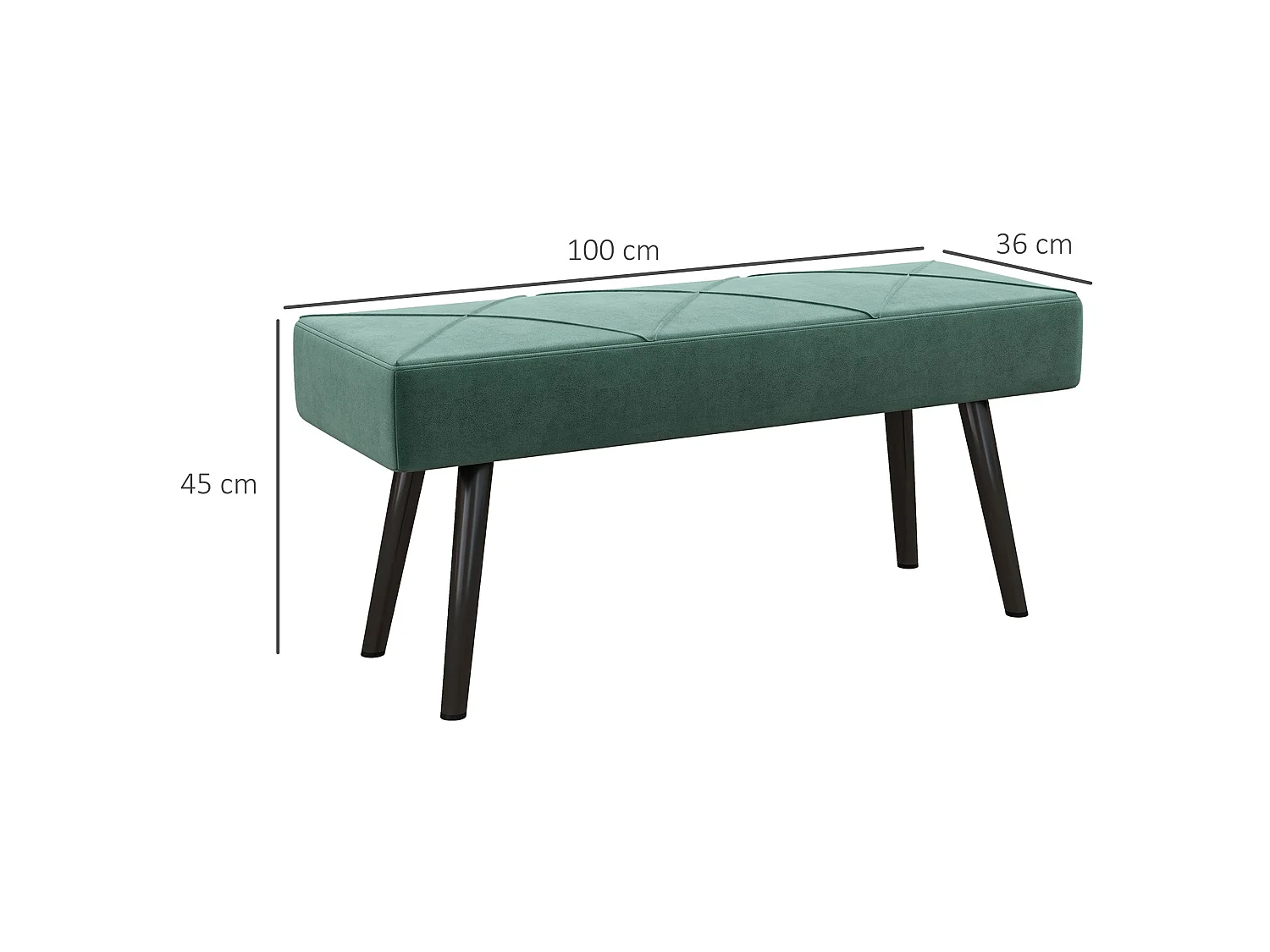 Mazuka Green Velvet Feel End of Bed Bench Rectangular X Stitch Black Powder Coated Metal Legs