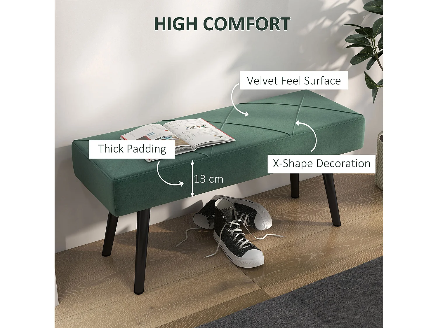 Mazuka Green Velvet Feel End of Bed Bench Rectangular X Stitch Black Powder Coated Metal Legs