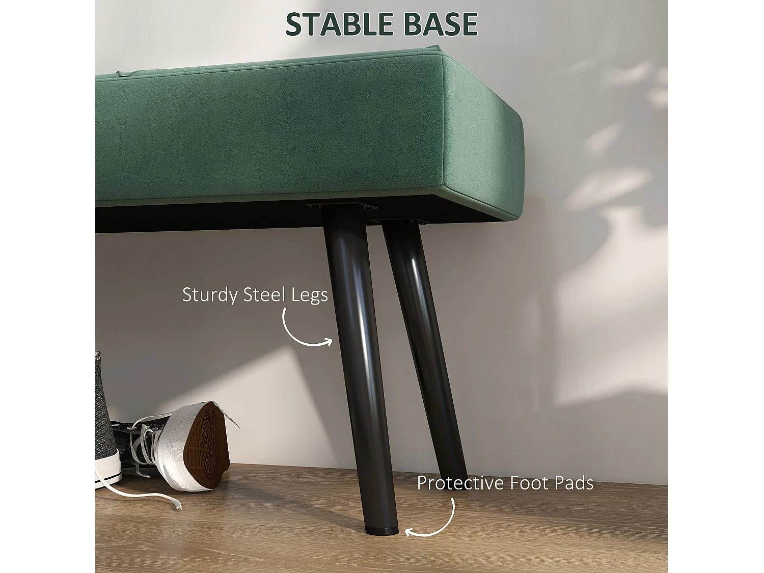 Mazuka Green Velvet Feel End of Bed Bench Rectangular X Stitch Black Powder Coated Metal Legs