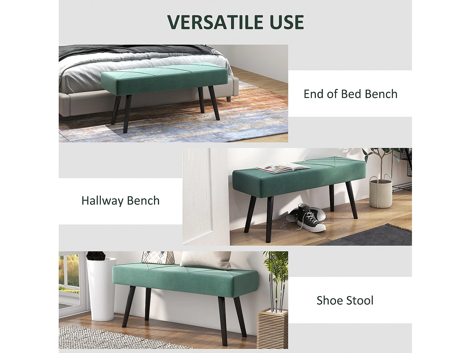 Mazuka Green Velvet Feel End of Bed Bench Rectangular X Stitch Black Powder Coated Metal Legs