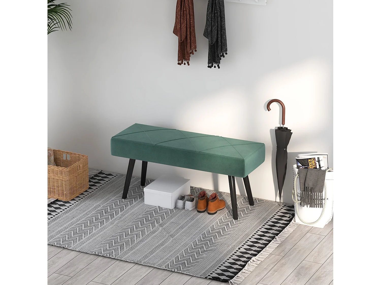 Mazuka Green Velvet Feel End of Bed Bench Rectangular X Stitch Black Powder Coated Metal Legs