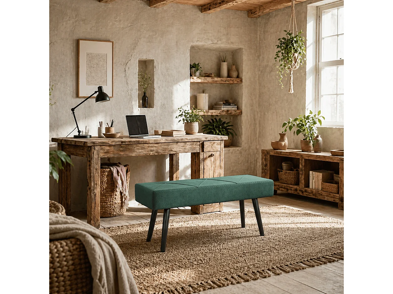 Mazuka Green Velvet Feel End of Bed Bench Rectangular X Stitch Black Powder Coated Metal Legs
