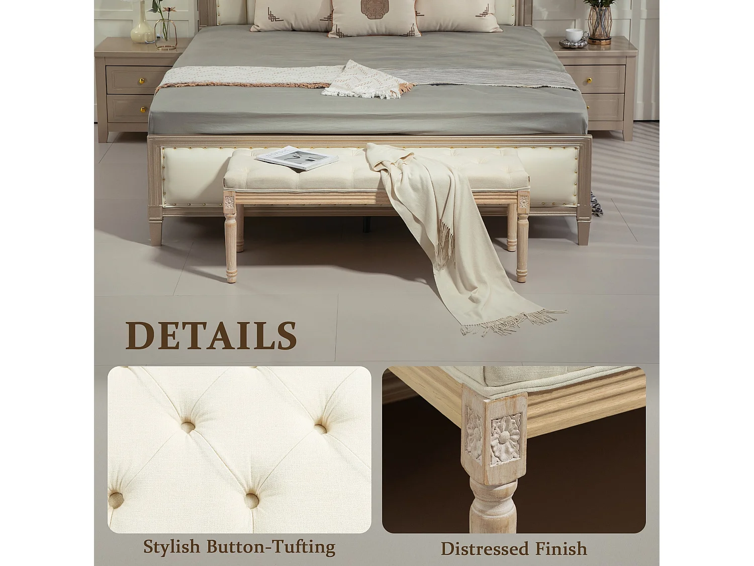 Vero Vintage Cream White Wooden Bed End Bench 115cm