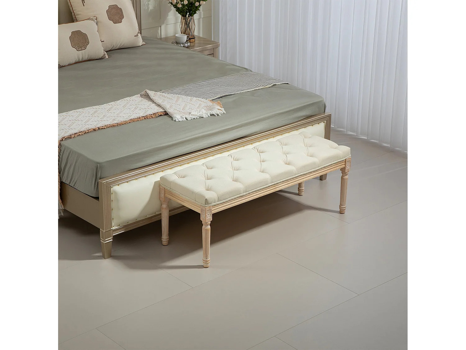 Vero Vintage Cream White Wooden Bed End Bench 115cm