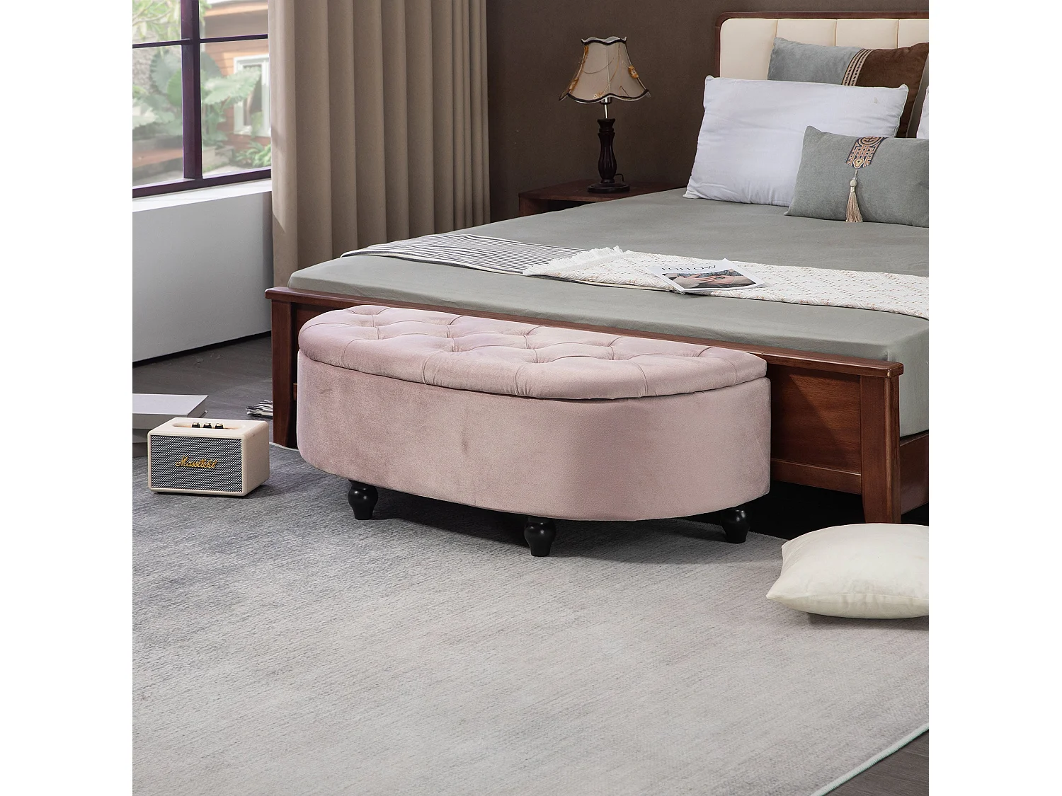 Rafili Velvet Pink Semi Circle Storage Bench with Tufted Seat