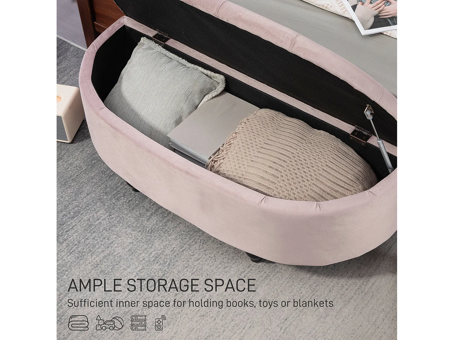 Rafili Velvet Pink Semi Circle Storage Bench with Tufted Seat