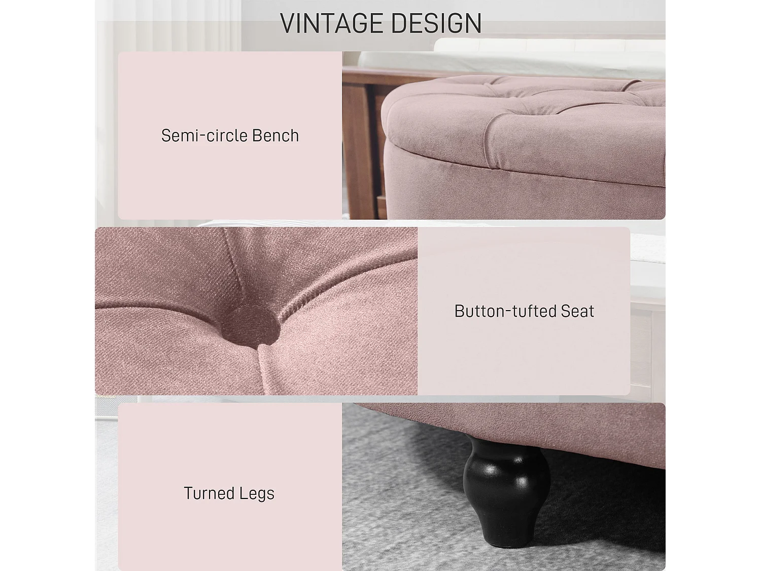 Rafili Velvet Pink Semi Circle Storage Bench with Tufted Seat