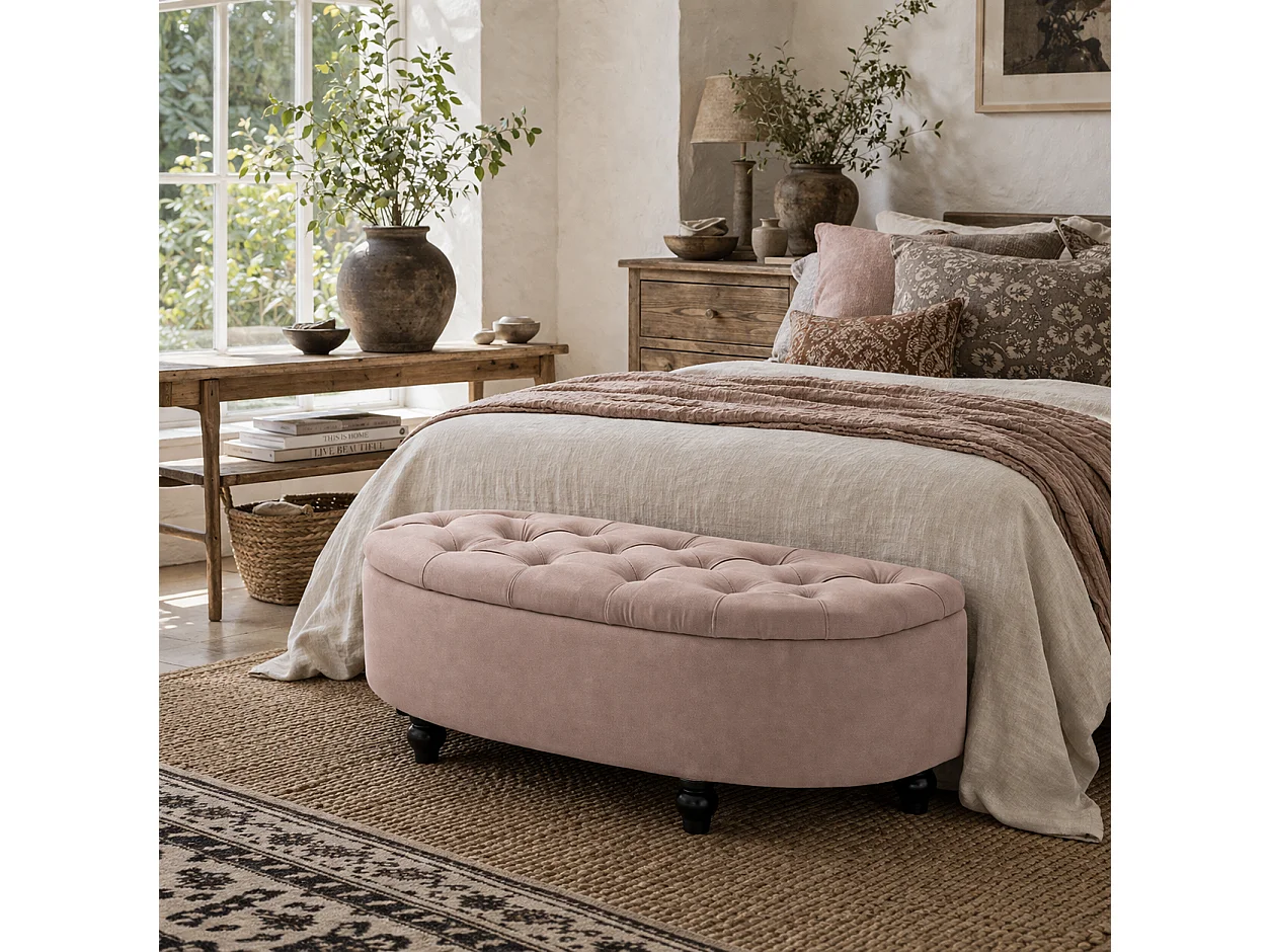 Rafili Velvet Pink Semi Circle Storage Bench with Tufted Seat