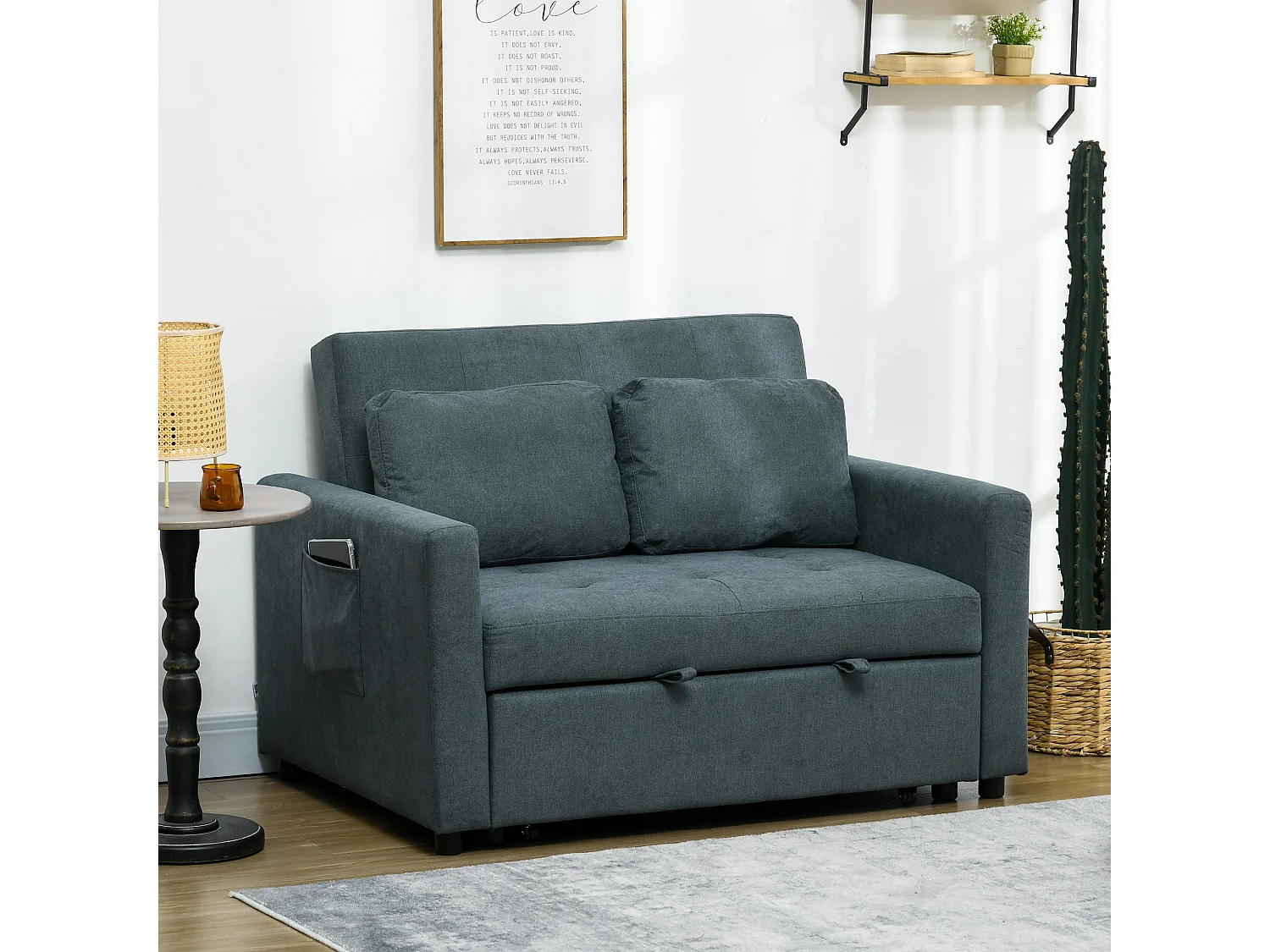 Matano Maso Charcoal Grey 2 Seater Sofa Bed with Side Pockets and Cushions