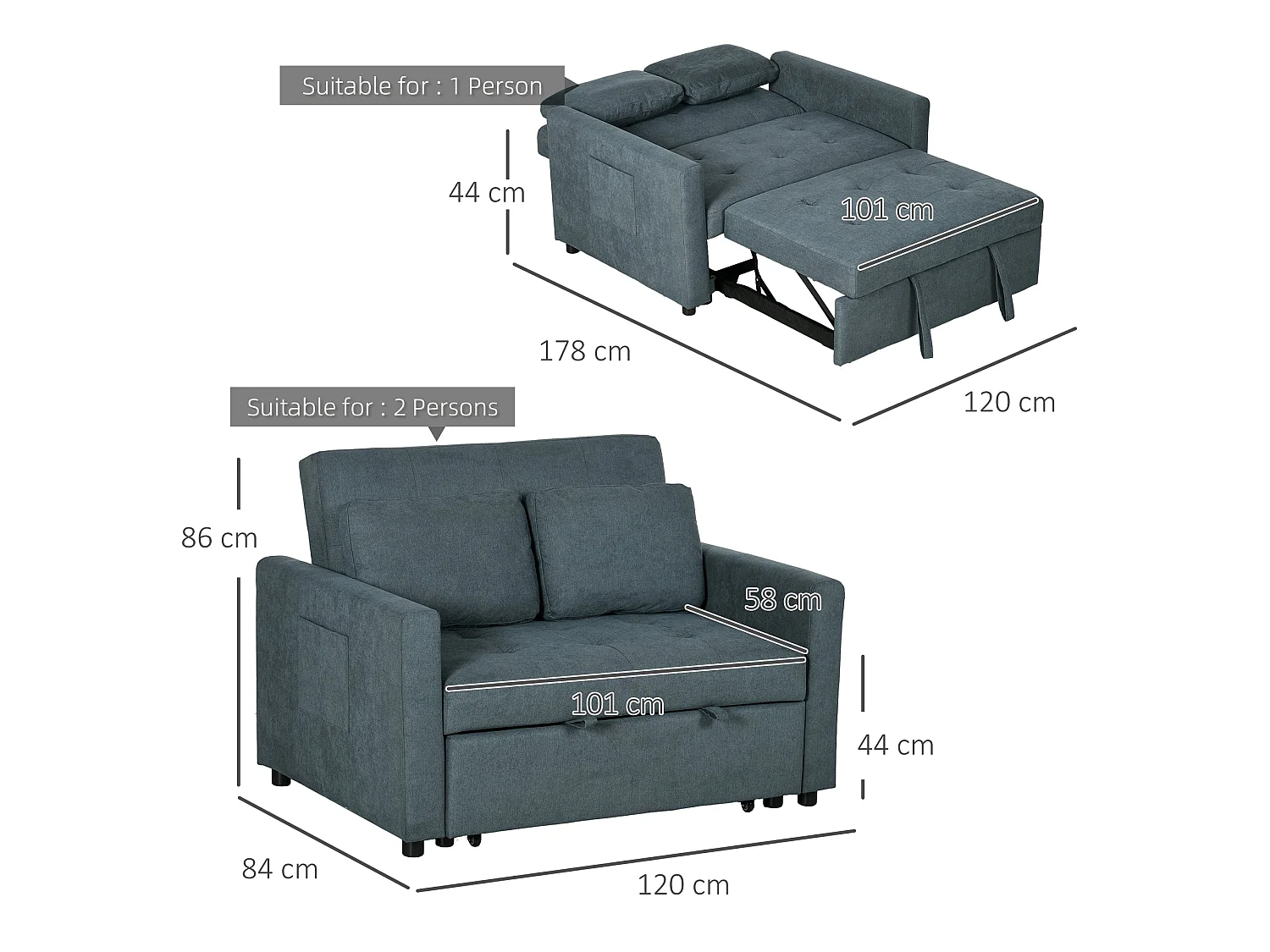 Matano Maso Charcoal Grey 2 Seater Sofa Bed with Side Pockets and Cushions