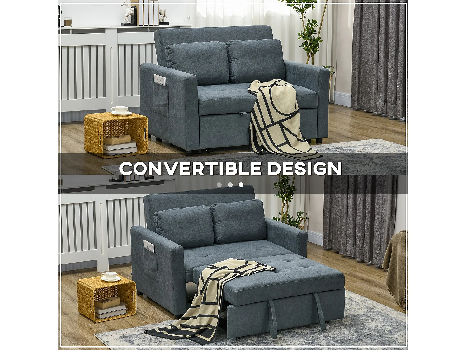 Matano Maso Charcoal Grey 2 Seater Sofa Bed with Side Pockets and Cushions