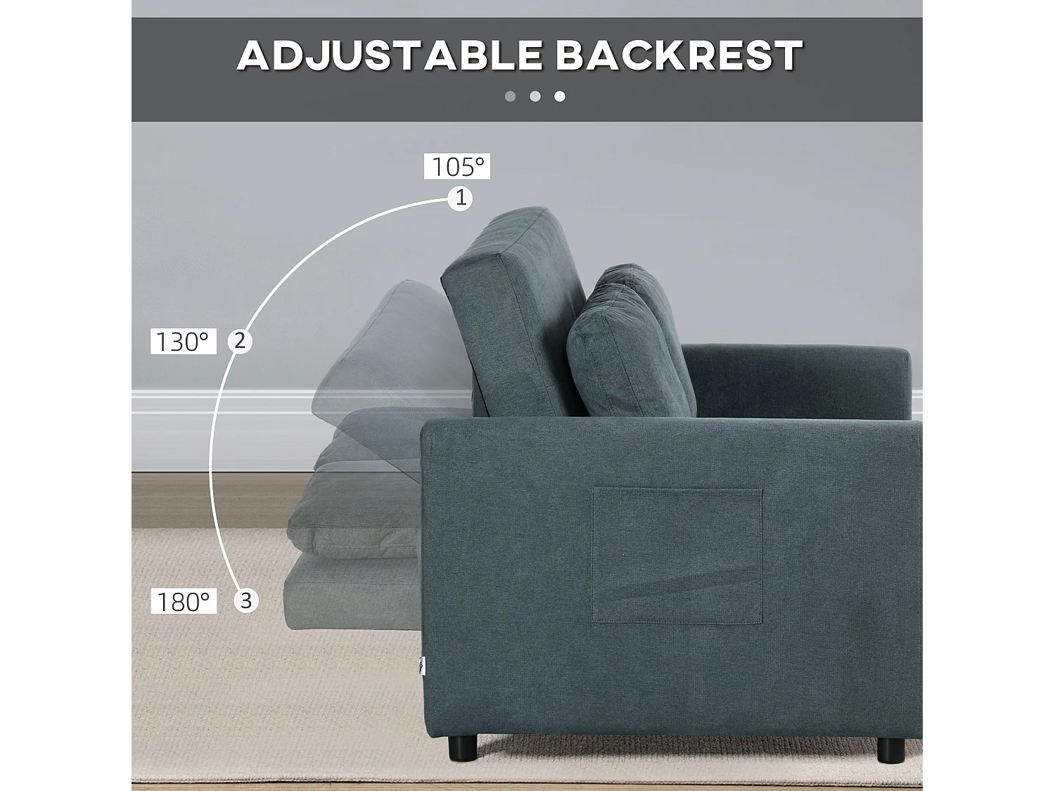 Matano Maso Charcoal Grey 2 Seater Sofa Bed with Side Pockets and Cushions