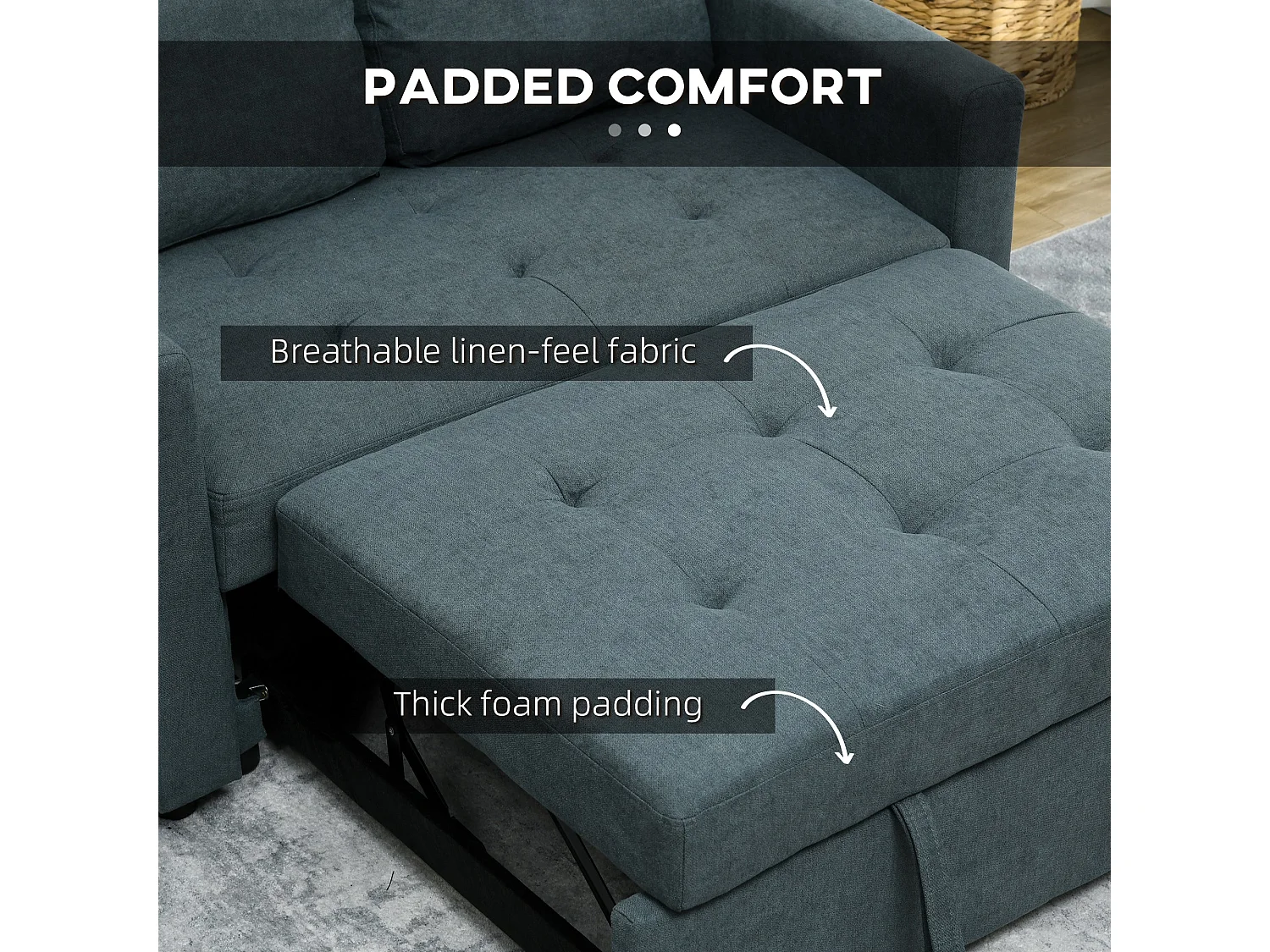 Matano Maso Charcoal Grey 2 Seater Sofa Bed with Side Pockets and Cushions