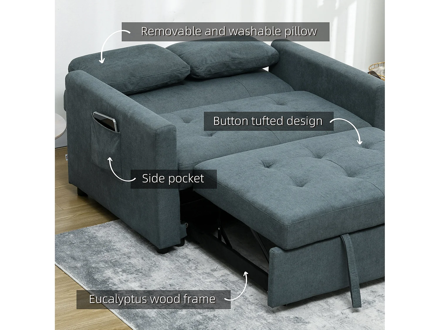 Matano Maso Charcoal Grey 2 Seater Sofa Bed with Side Pockets and Cushions